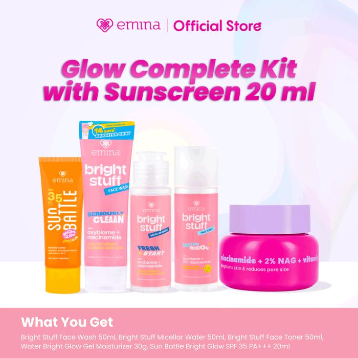 PAKET 5PCS SKINCARE EMINA GLOW COMPLETE KIT EMINA BRIGHT STUFF ISI 5 (Micellar Water, Face Wash, Ton