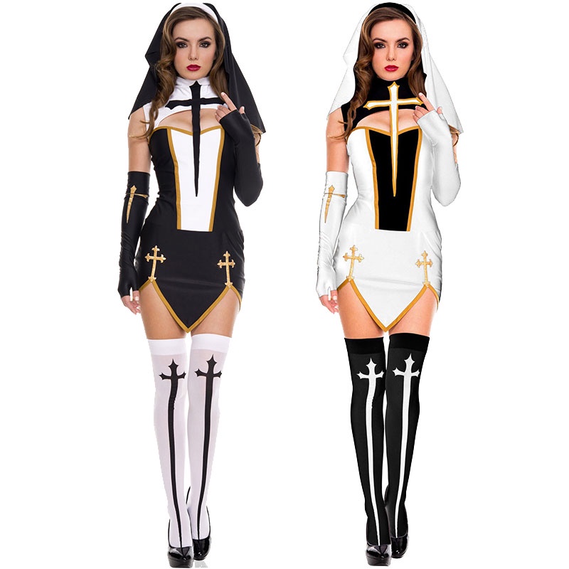 Womens Sexy Nun Cross Lingerie Halloween Nun Costume Priest Cross Toga Christian Believer Fancy