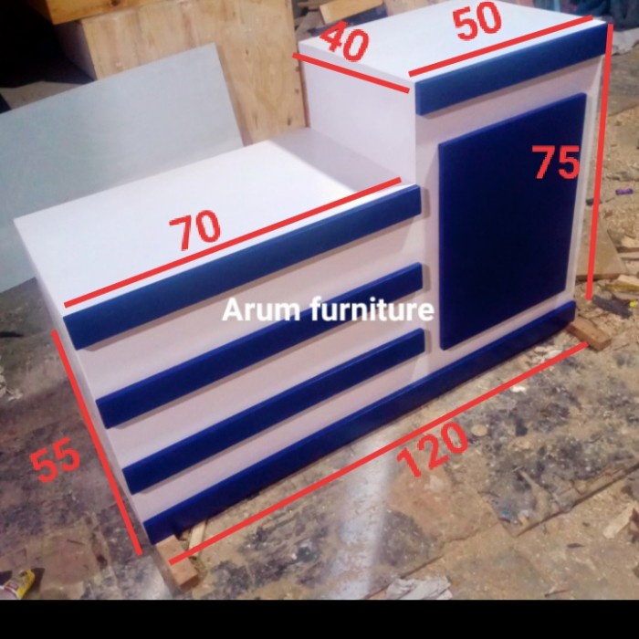 Meja Kasir Full Duco Putih Lis Biru Bca