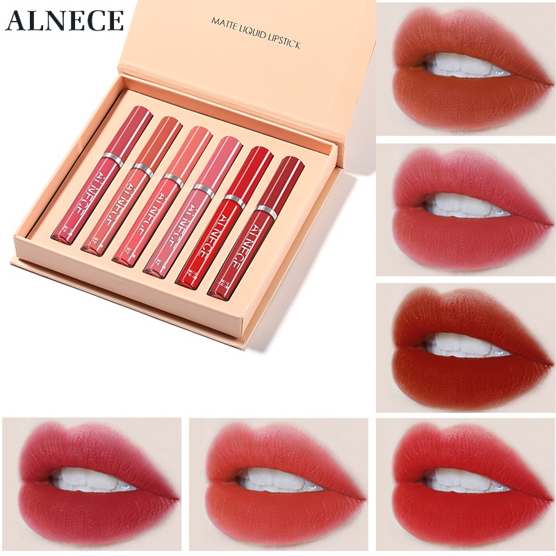 Alnece 6 Set Lip Gloss Lipgloss Matte / Lipstick Lembut Tahan Lama Melembabkan Dengan WE