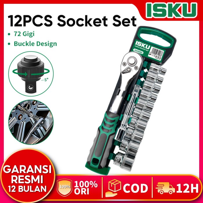 ISKU Kunci Sok Set CR-V 12 PCS Kunci Sok Wrench 1/2" Rachet Kunci Set
