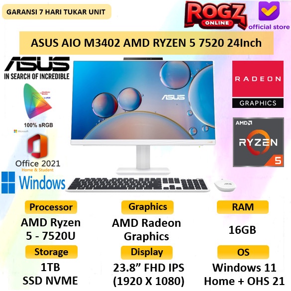 Asus All In One M3402 Ryzen 5 7520 16GB 1 TB SSD W 11 + OHS 24 Inch Asus PC AIO