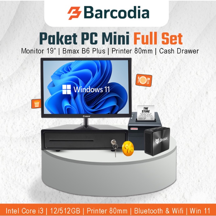 Paket Mini PC Komputer Kasir Intel Core i3 Fullset (Mini PC+Monitor+Printer+Cash Drawer)