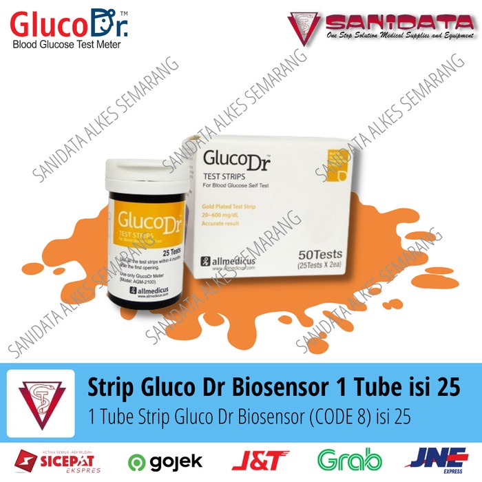 Strip GlucoDr Biosensor (Code 8) 1 Tube isi 25 stik gula glucose bio