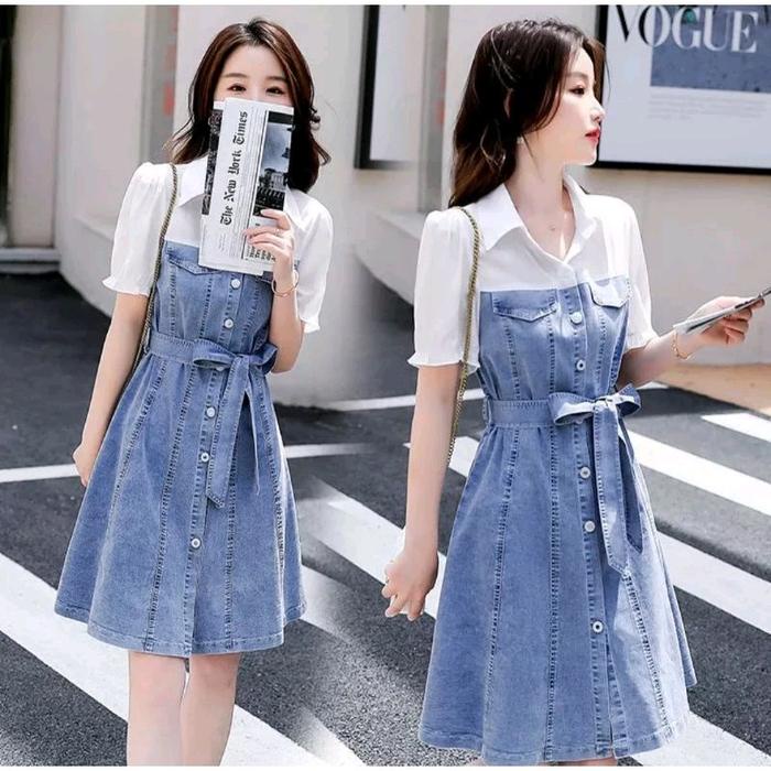 OVERALL DENIM JEANS OUTER MINI DRESS BAJU WANITA KANCING JUMPER IMPORT KOREA