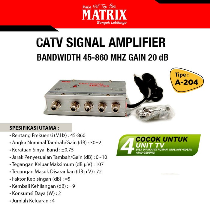READY STOK BOOSTER INDOOR DAN SPLITER MATRIX A-204 PENGUAT SINYAL TV 4 WAY