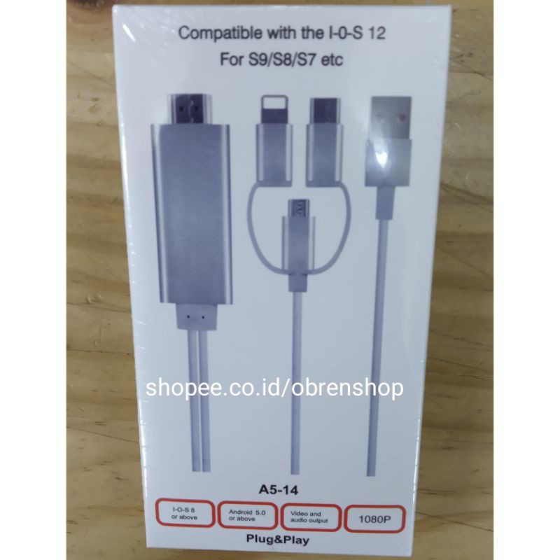TerLengkapDong- PHONE TO HDTV CABLE 3 IN 1 / KABEL HP KE TV UNTUK MIRORRING