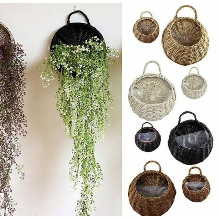 TERJAMIN Keranjang Gantung - Vas Tempel ROTAN ASLI - Dekorasi Dinding - Pot Bunga Handmade Rattan