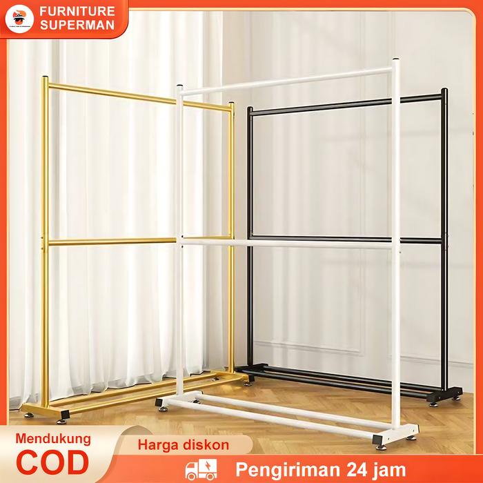 PREMIUM Rak Baju Gantung Besi 2 Tingkat Gantungan Baju Berdiri Besi Kuat Gawangan Baju Besi