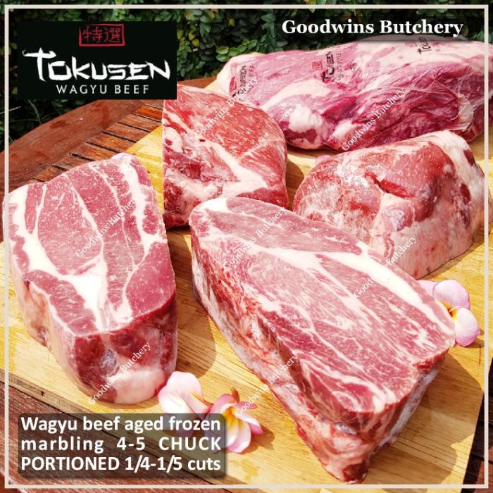 

Lezat- Wagyu beef Tokusen CHUCK marbling4-5 aged Steak & Saikoro cuts frozen