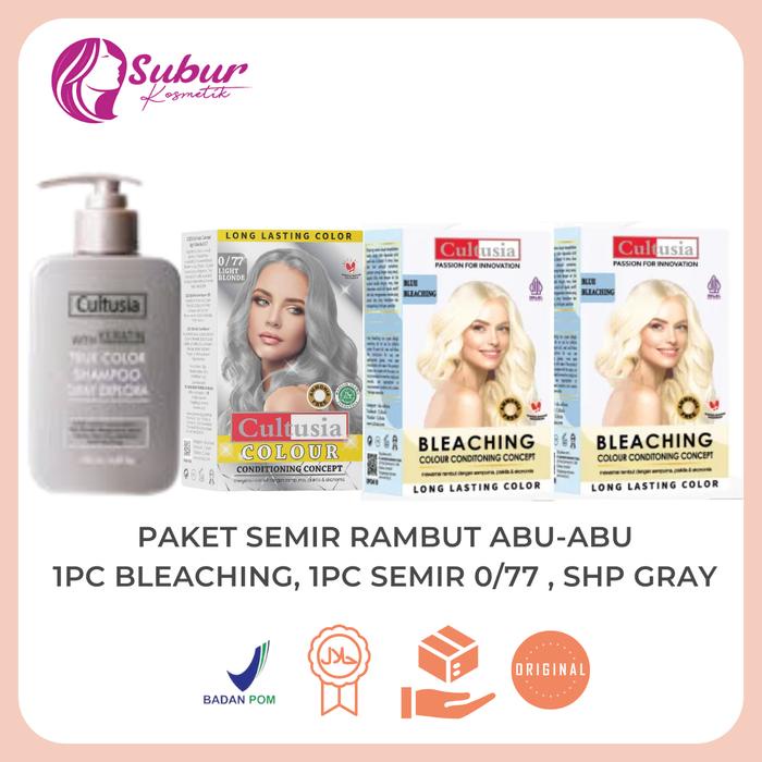 Cultusia Paket Semir Rambut Warna Abu-Abu/Gray (Shampo Gray+Semir Gray+Bleaching) New Product