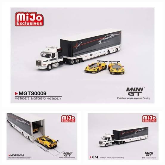 SALE MINI GT MGTS0009 CORVETTE RACING C8.R RACING TRANSPORTER SET READYY
