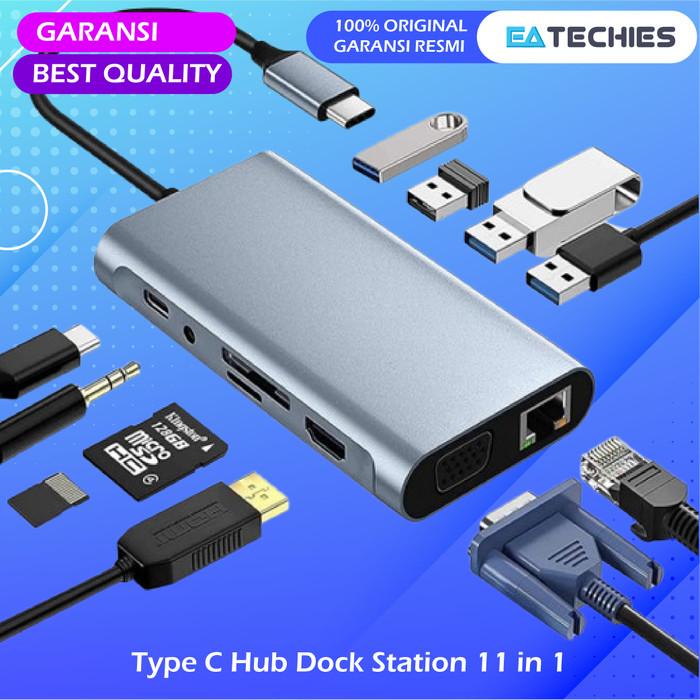 TERBARU - Converter Hub USB Type C to 11 in 1 HDMI VGA LAN Jack 3.5mm Audio USB3.0 PD SD MicroSD TF