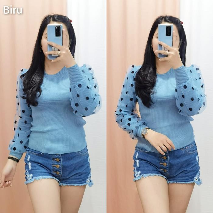 (TopSeries) GLIVEO (COD) - BLOUSE LENGAN BALON TILE POLKA KECIL RAJUT IMPORT / ATASAN RAJUT LENGAN