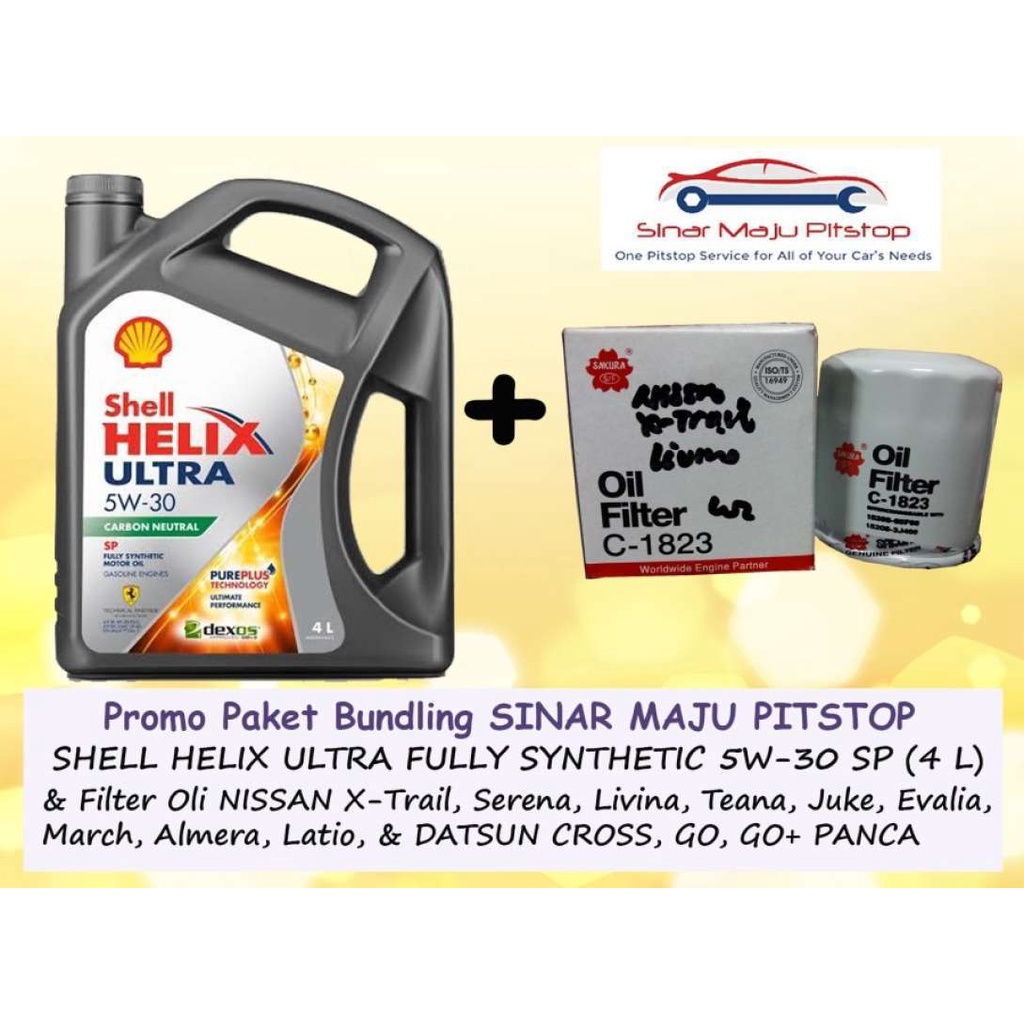 Paket Bundling Oli Mobil SHELL HELIX ULTRA HX8 5W-30 API SP Original 4 Liter & Filter Oli NISSAN