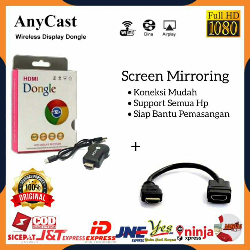 ANYCAST DONGLE SCREEN MIRRORING / ALAT PENYAMBUNG HP KE TV + SAMBUNGAN KABEL HDTV EXTENSION /
