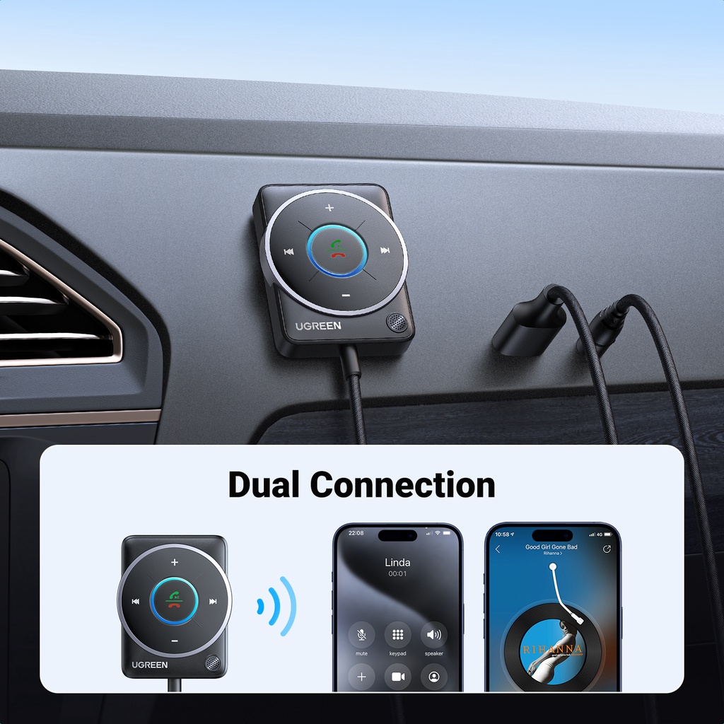Ugreen Bluetooth 5.4 Car Receiver Adapter With Mics And Noise Cancellation, Usb Aux Bluetooth
