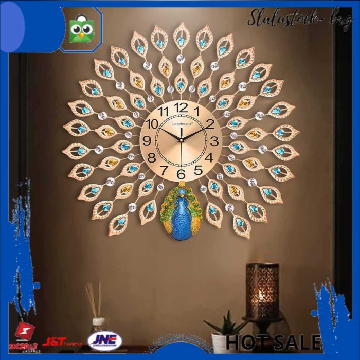 Jam Dinding Besar unik bulu merak Quartz Clock Diamond Peacock
