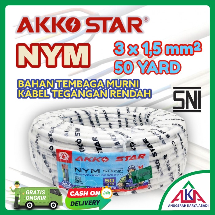 Kabel Listrik Nym Sni Akko Star 3X1.5 Standar Pln Tembaga 45M /50 Yard