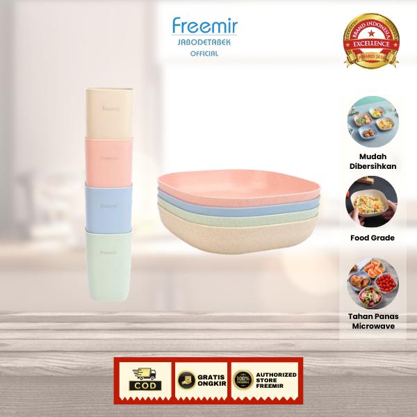 silahkan- [MEGA SALE] [Crehom Exclusive] freemir Piring 4 Pcs + Gelas 4 Pcs Bahan Serat Jerami