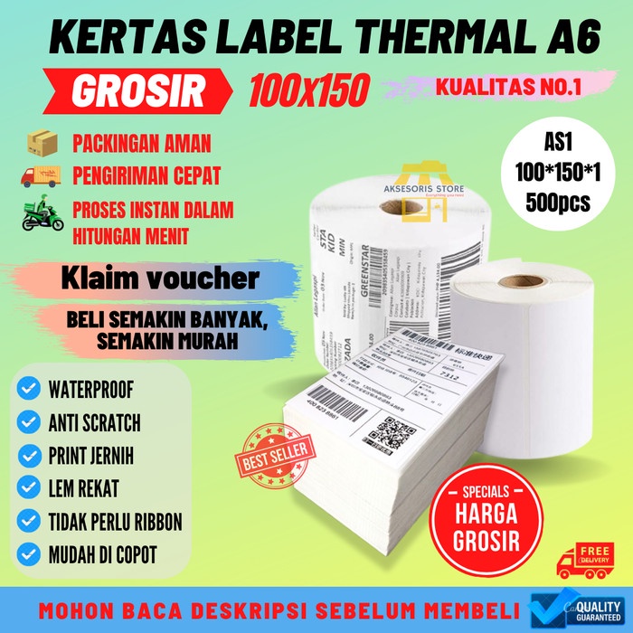 

New GROSIR KERTAS TERMAL LABEL STICKER 100X150 350PCS 500PCS UKURAN A6