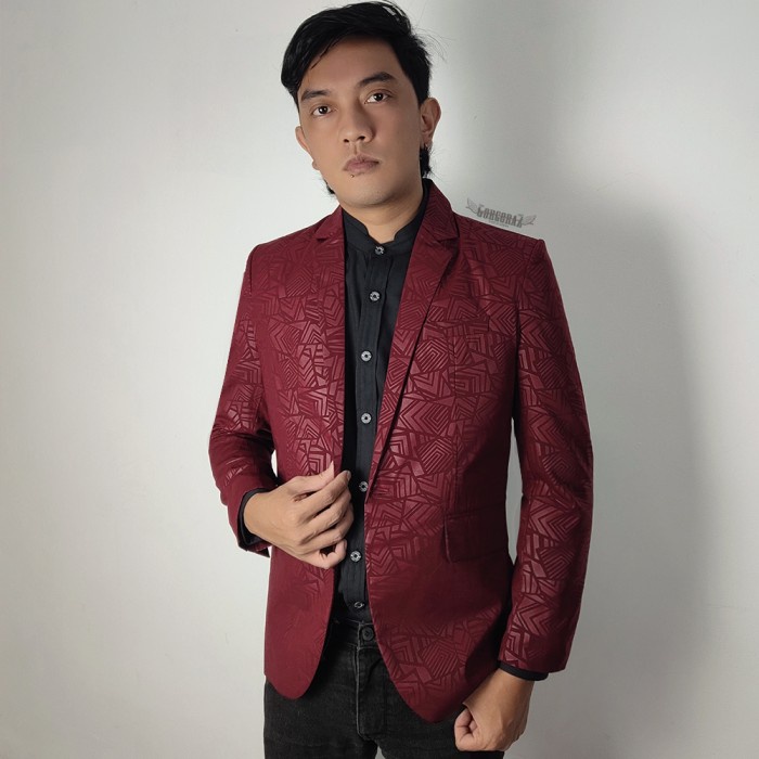 Promo Jas Batik Blazer Batik Pria Maroon Dan Hitam Biru Merah Sage Slimfit Embos Wool Peach Realpic