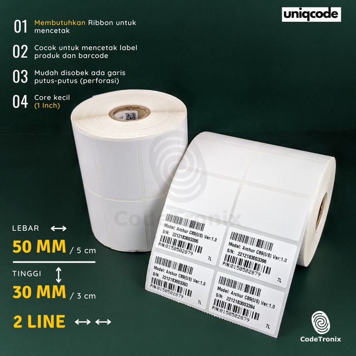 

LABEL STIKER KERTAS PRINTER BARCODE SEMICOATED 50X30MM 2 LINE 2000PCS