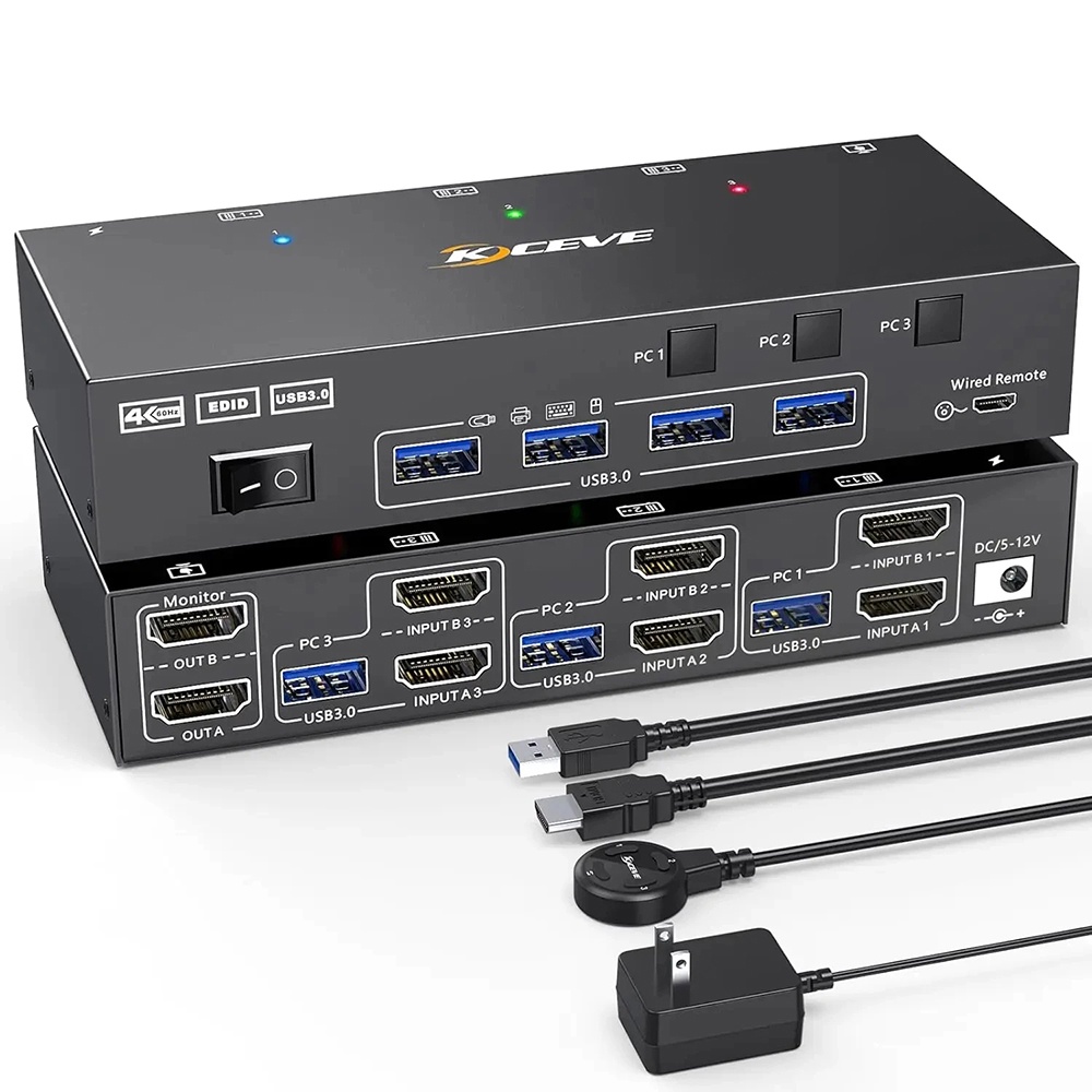 Dual Monitor KVM Switch USB 3.0 HDMI-Compatible KVM Switch 2 Monitors 3 Computer EDID Emulator 4K@60