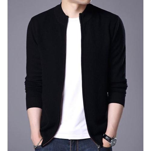 sweater rajut resleting full saskia cowok Pria Knitwear Panjang Hitam Kerah Cardigan Tebal Kardigan