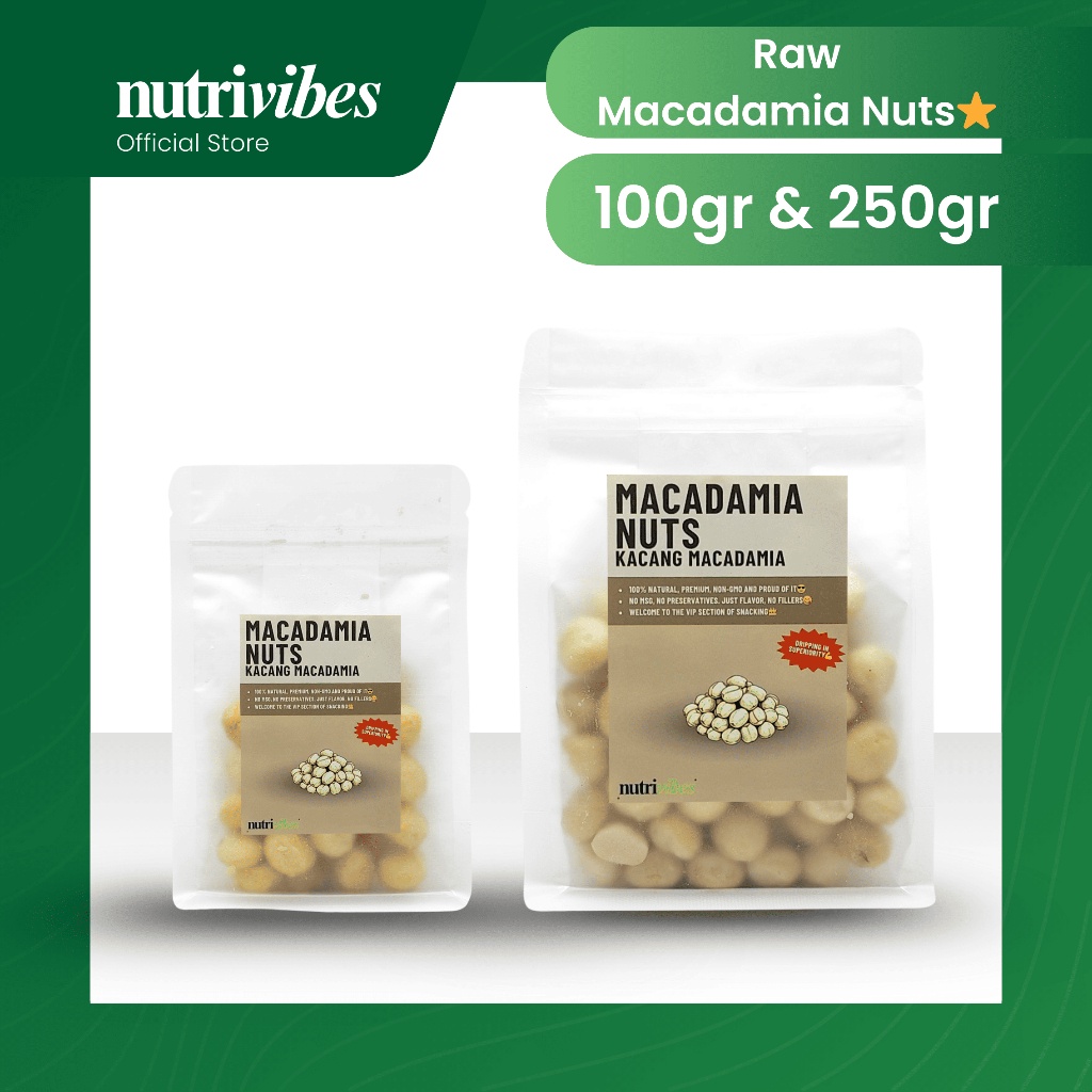 

Kacang Macadamia Mentah / Raw Macadamia Nut (Snack Pack 100gr & 250gr) - Nutrivibes