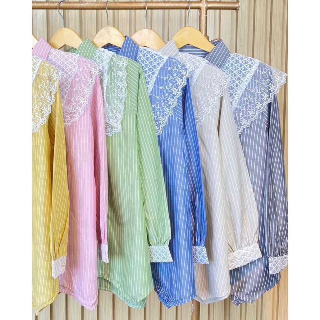 BEST PROMO Kemeja Blouse Wanita Jumbo Strip Salur Kombinasi Brukat Import Zara Strip Blouse Wanita