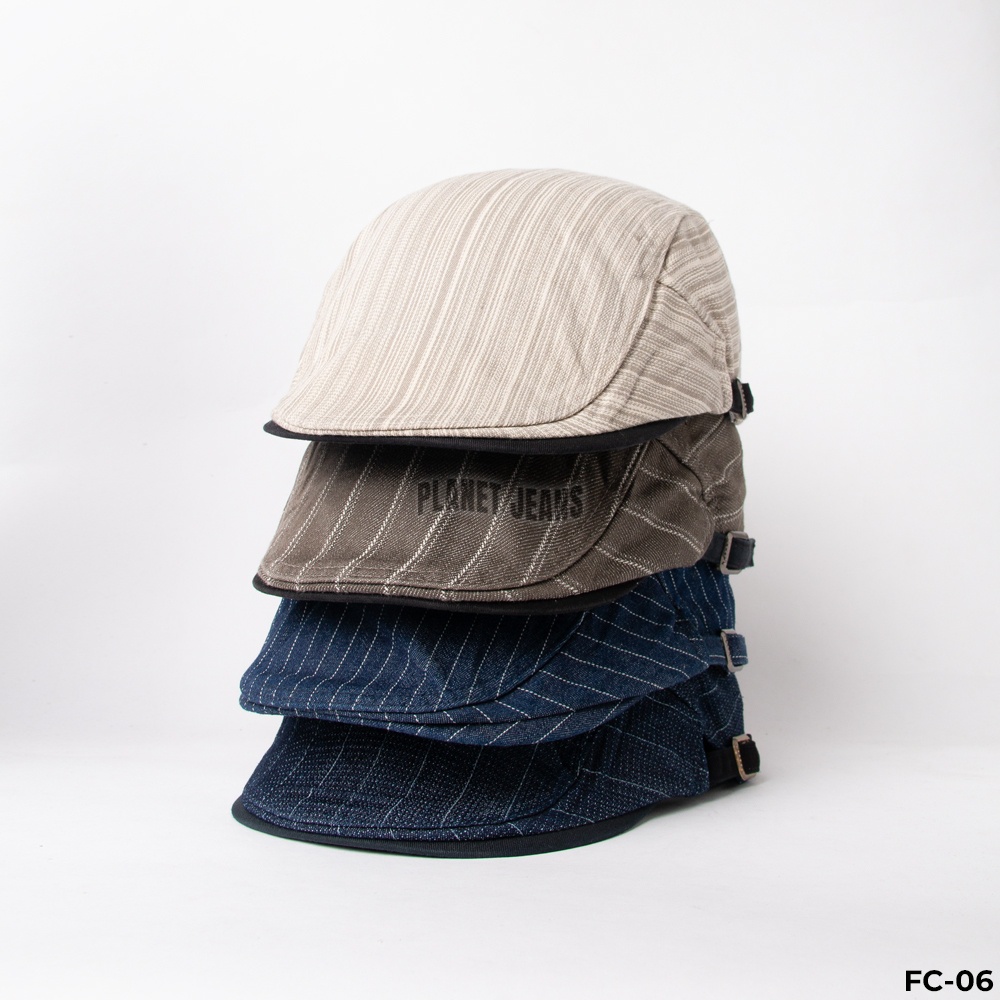 Topi Newsboy Bahan Denim Salur Stripe Pet Flat cap Retro - FC14 Planet