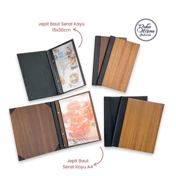 

BUKU MENU JAKARTA - BUKU MENU KAYU VINYL JEPIT BAUT ISI PLASTIK MIKA A4 DAN 15X30 HITAM, COKLAT