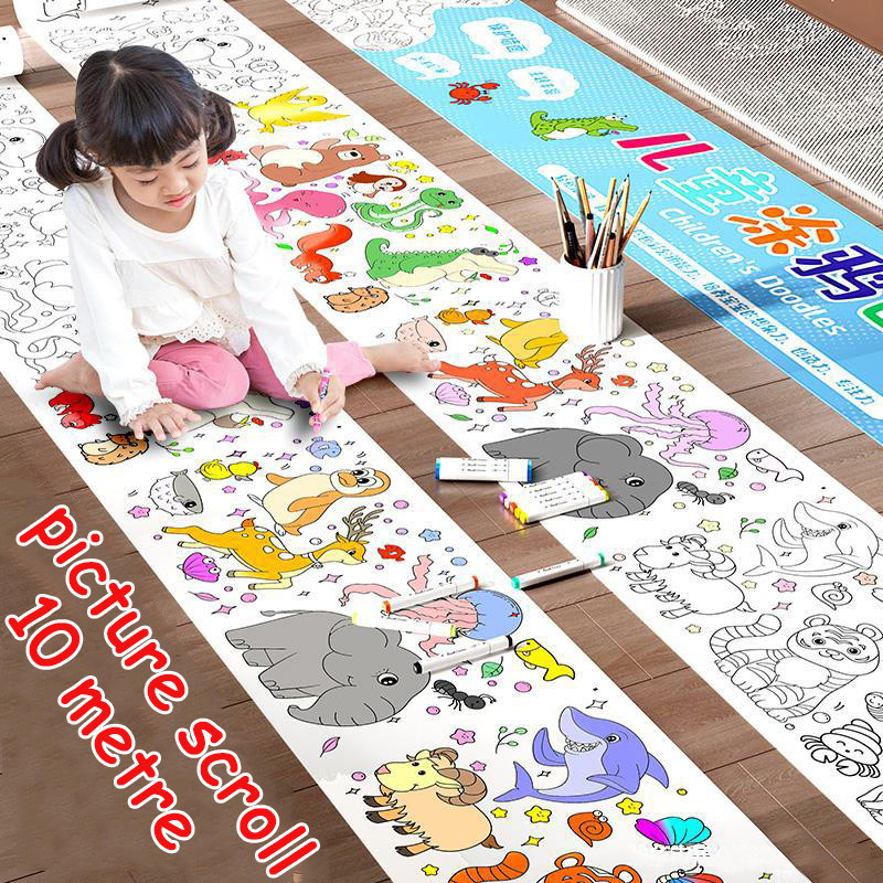 

3M/10M Long Kids Graffiti Picture Book Toy Scroll Canvas Drawing Sticker Toy Watercolor Crayon