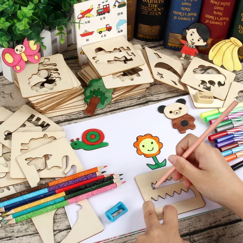 

20Pcs Montessori Kids Drawing Toys Wooden Diy Painting Template Stencils Learning Educational Toys