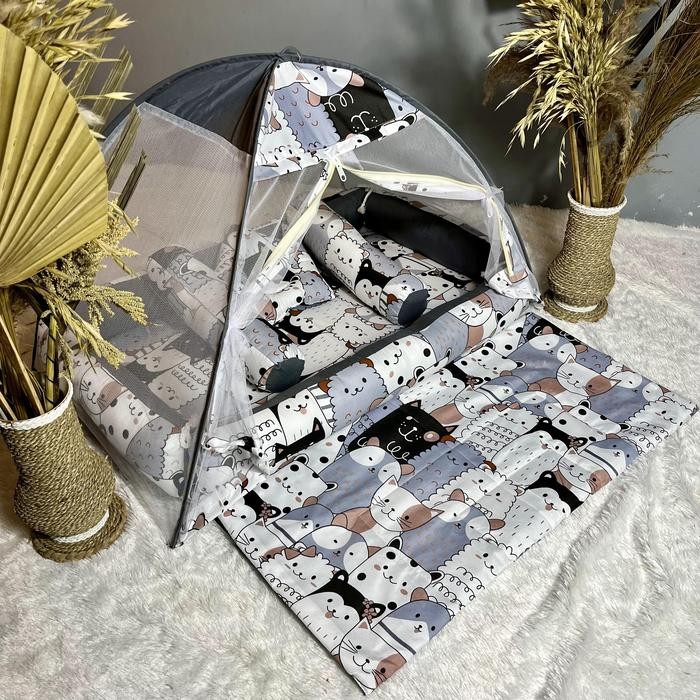 Auraby- 1 Set Kasur Bayi Kelambu Premium Motif Hamster Abu Set Kasur Bayi Kelambu Tenda Kasur