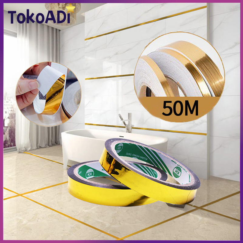 

50M/Roll Gold Selotip Masking Tape Gold Washi Tape Stiker Emas Pita Perekat Strip Perekat Diri