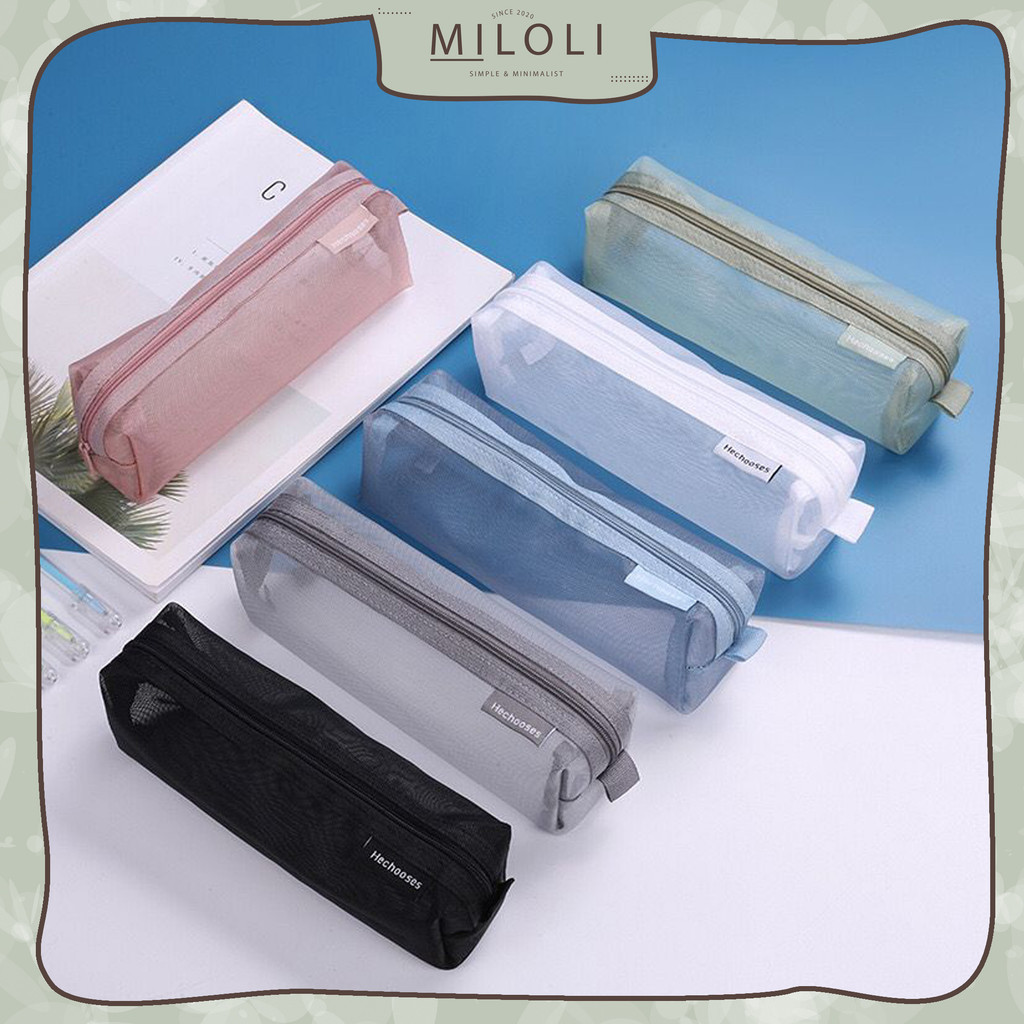 

[MILOLI] Kotak Pensil Transparant Rectangle Portabel Tempat Pensil Jaring Resleting Stationery -