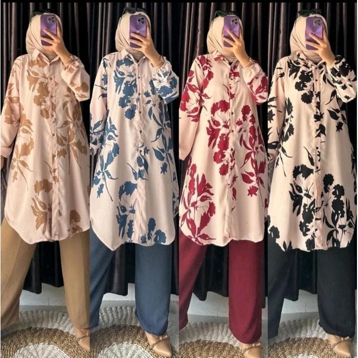 Hijara- Setelan Munna Tunik Set Oneset Tunik Wanita Motif Bunga Celana Kulot Panjang Muslim Jumbo