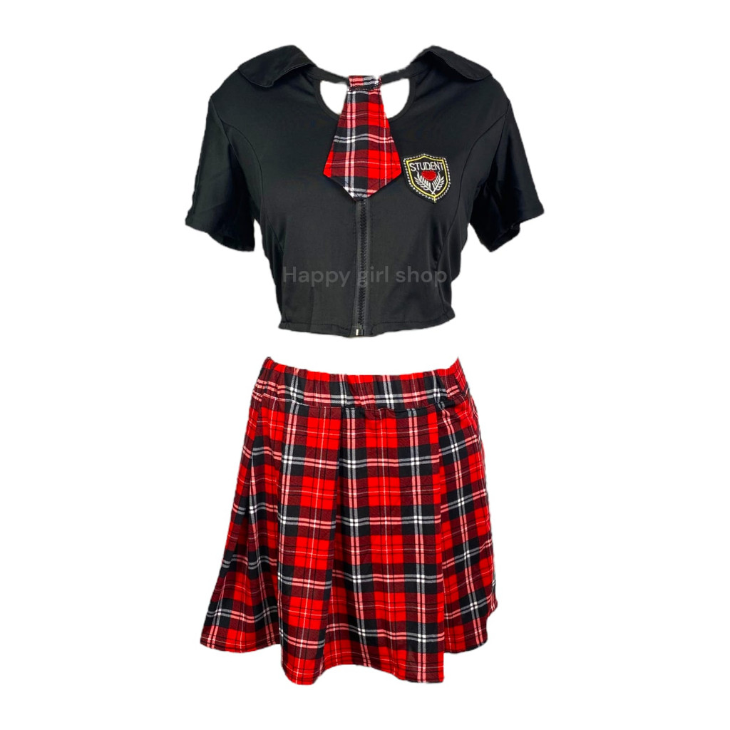Terbaru Setelan Kostum Pelajar Hitam Dan Rok Kotak-Kotak Merah - Fashion Korea Trendy Black Pelajar
