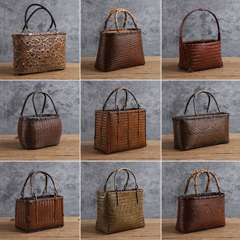 Handmade Bamboo Woven Bag for Women, Retro Mini Rattan Woven Basket, Hand Carrying Bag, Tea