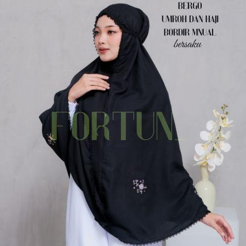 Hijmi- Bergo Bordir Manual Muka Renda kecil standar umroh dan haji hitam dan putih