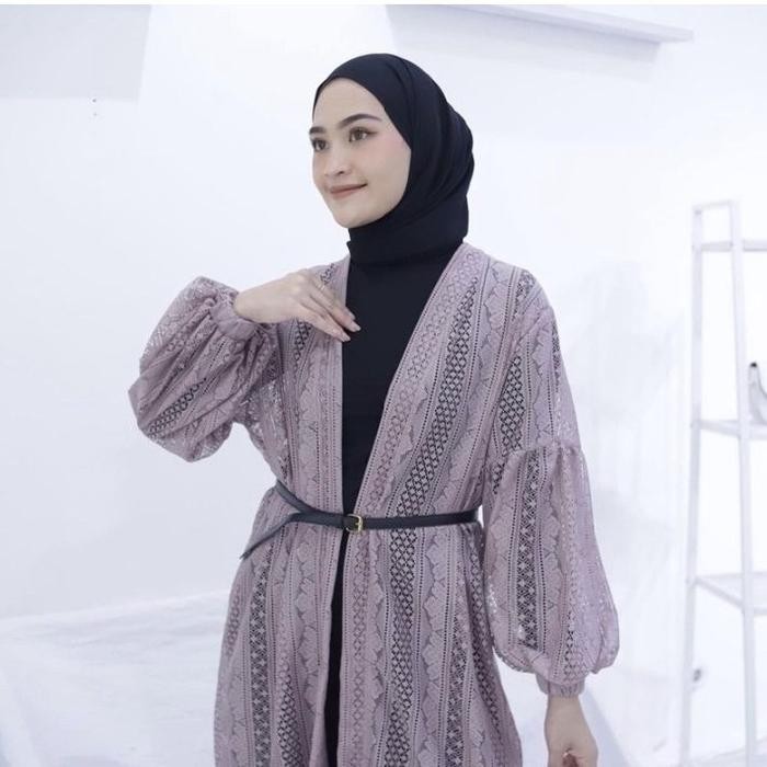 Hijmi- Cardigan brukat lengan balon cardigan panjang Muslim Wanita Baju Atasan outer brokat