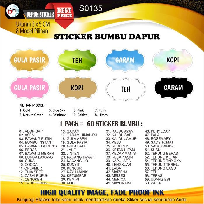 BERAGAM STIKER BUMBU DAPUR LENGKAP (ISI 60 PCS) LPO