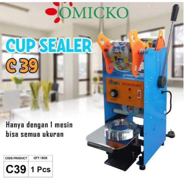 terbaru !!! omicko c-39 mesin cup sealer semua ukuran aqua gelas 12 , 14 , 16 , 18 , 22 oz listrik