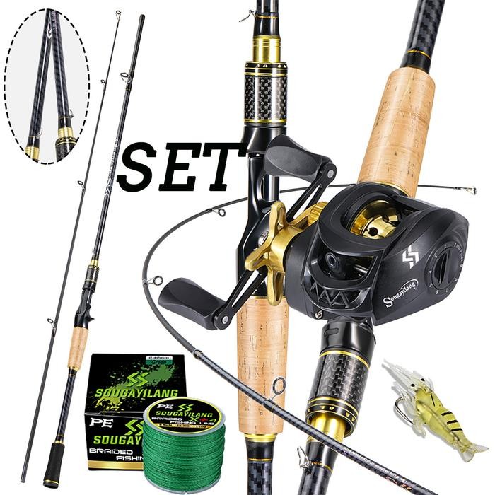 Joran Pancing Set Sougayilang 1.8m Carbon Fiber Fishing Rod with 7.2:1 Fishing Reel Set Max Drag