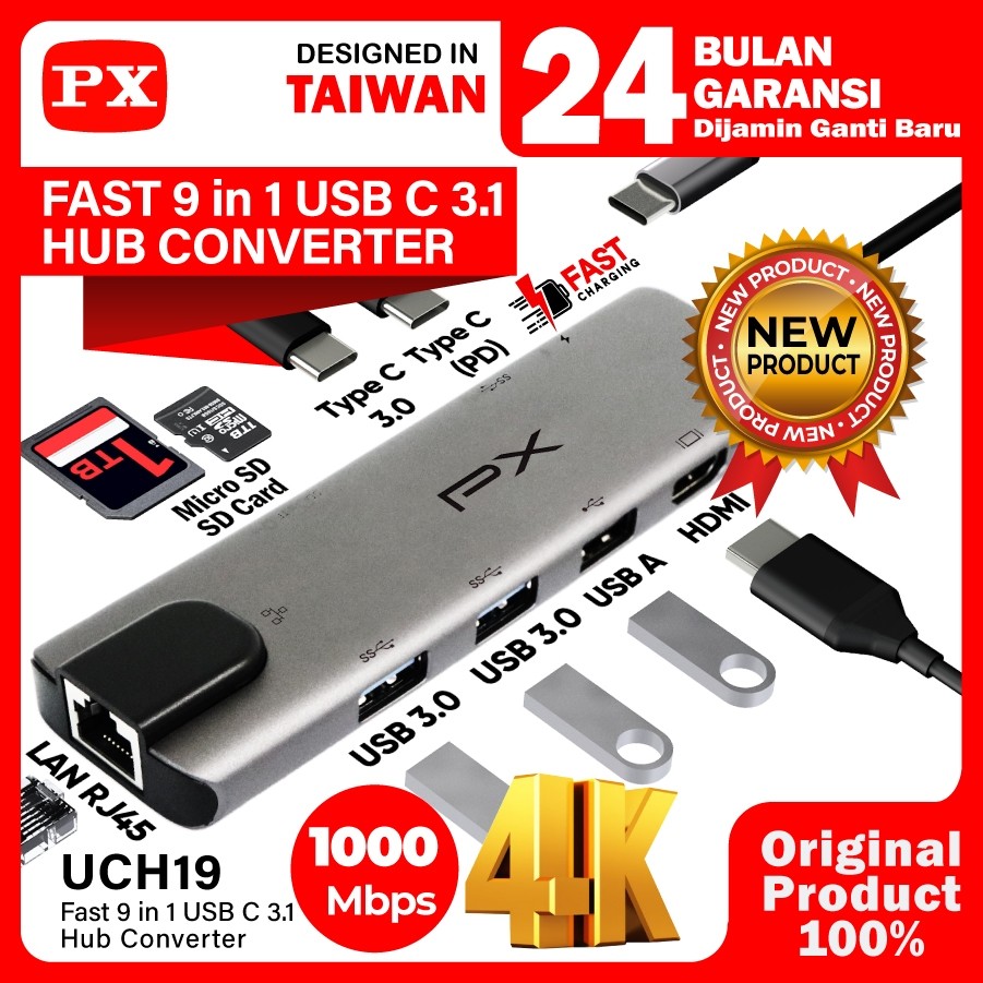 NEW PRODUCT USB HUB CONVERTER TYPE C 3.1 HDMI LAN SD CARD LAPTOP 9 IN 1 PX UCH19 LUXELOOM845