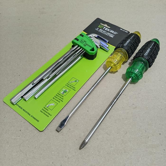 Dexie_Store Kunci L Panjang Tekiro 1 Set + Obeng Gagang Karet Plus ( + ) Minus ( - ) Hijau Kuning