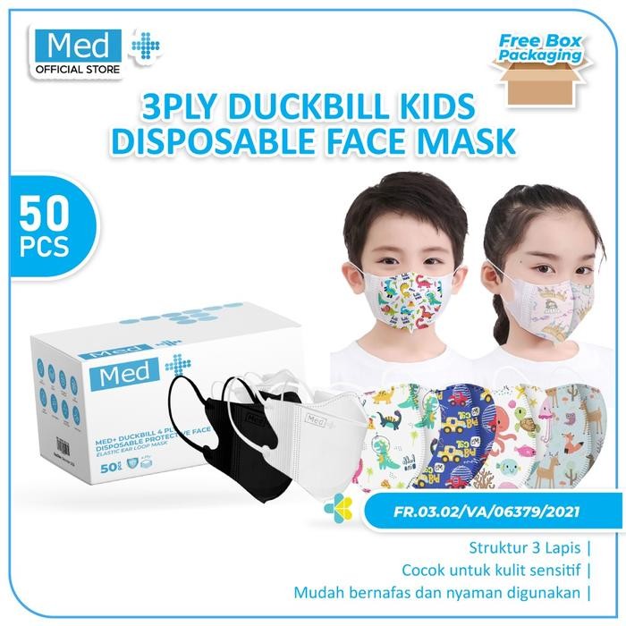 Med+ Masker Duckbill Anak 4Ply 50Pcs Motif Kartun Hitam & Putih