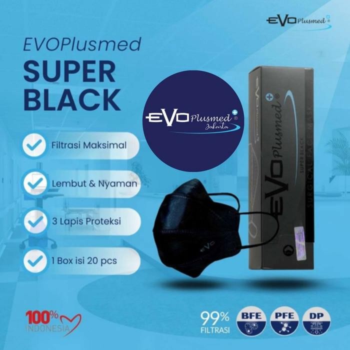 Masker EVO PLUSMED Super Black/White 20pcs Original bukan sensi convex